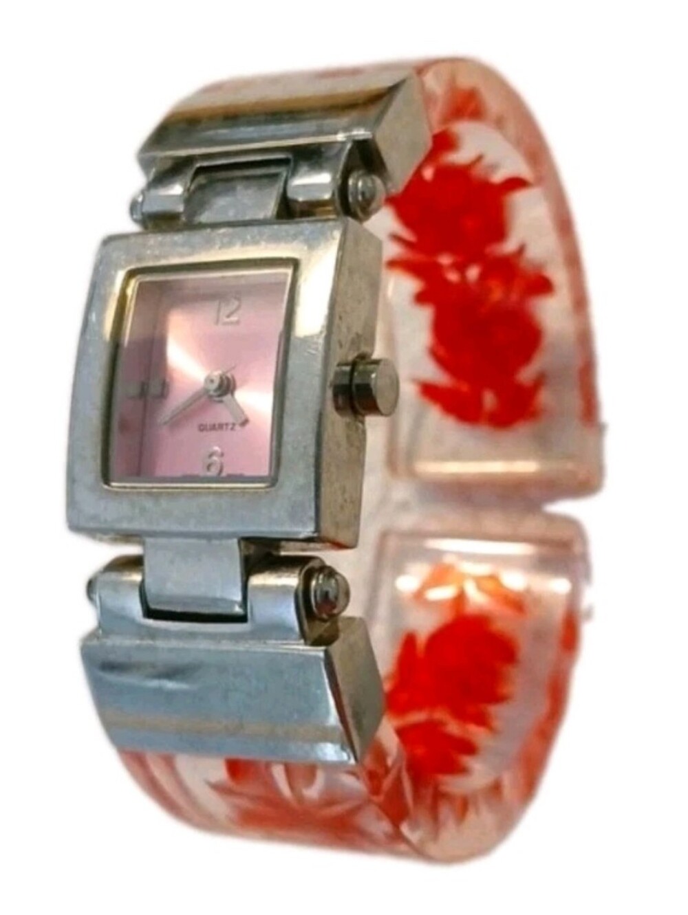 Vintage Quartz Watch Hinged Lucite Pink Rose 🌹 Floral Cuff Band
